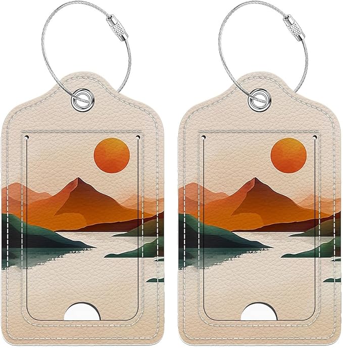 Funny PU Leather Luggage Tags 2-Pack Suitable for Suitcase Stainless Steel Loop and Address Card Essential with Cruise and Airport Travel Yellow Sunrise River Mountain Cute Pattern