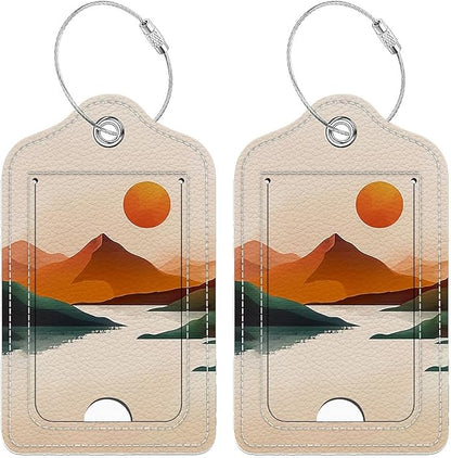 Funny PU Leather Luggage Tags 2-Pack Suitable for Suitcase Stainless Steel Loop and Address Card Essential with Cruise and Airport Travel Yellow Sunrise River Mountain Cute Pattern
