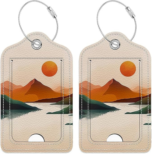 Funny PU Leather Luggage Tags 2-Pack Suitable for Suitcase Stainless Steel Loop and Address Card Essential with Cruise and Airport Travel Yellow Sunrise River Mountain Cute Pattern