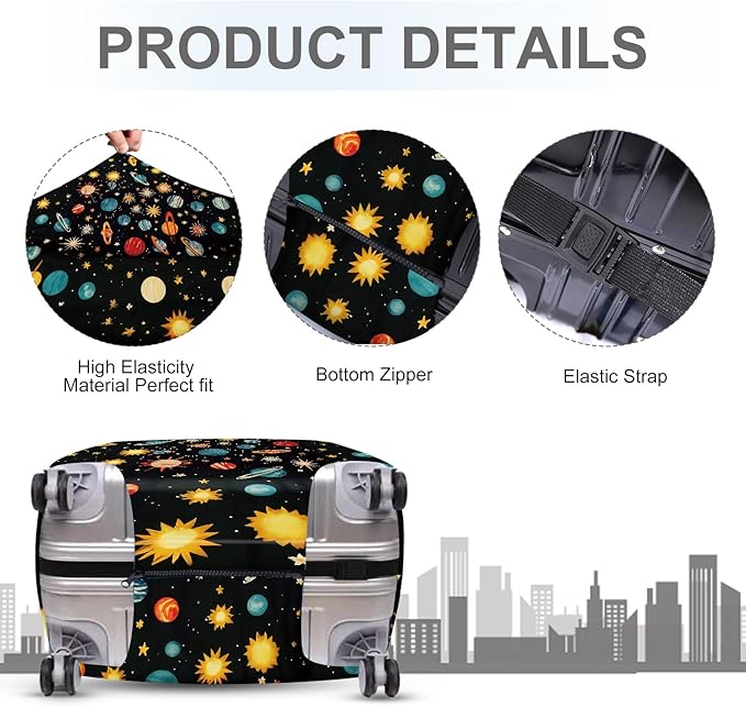 ANNA QUEEN Space Exploration Luggage Cover, Colorful Planets & Stars Design, Stretchable, Washable Travel Protector for 20-34 Inch Suitcases