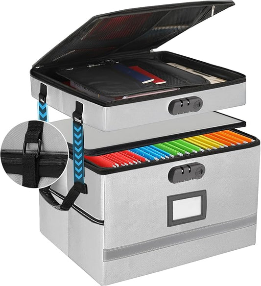 2 Layer File Box with Lock, Portable Document Organizer Box with Handle, Fireproof File Box for Home Office, Legal File Organizer Storage