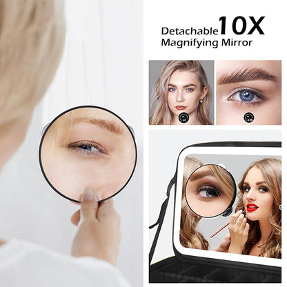 MOMIRA Travel Makeup Bag Cosmetic Bag Makeup Organizer Bag with Lighted Mirror, Adjustable Brightness in 3 Color Scenarios, Waterproof Makeup Train Case, Gift for Women - Khaki (Large)