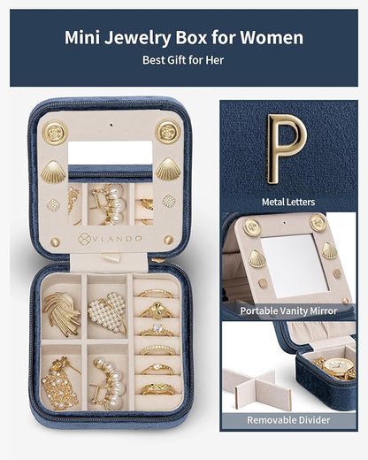 Vlando Jewelry Organizer Box, Small Jewelry Box for Women Girls, Initial P Travel Jewelry Case, Small Jewelry Organizer Case, Mini Travel Jewelry Box - Letter P, Dark Blue