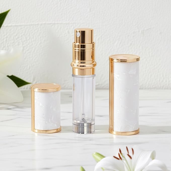 Ms Lovely Pearlescent Travel Perfume Atomizer Bottle – 5ml Refillable Mini Spray for Purse, TSA Approved Portable Fragrance Dispenser (White and Gold)