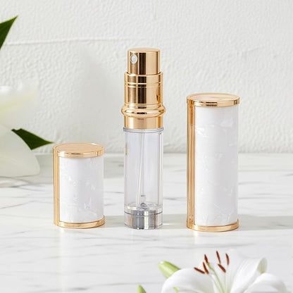 Ms Lovely Pearlescent Travel Perfume Atomizer Bottle – 5ml Refillable Mini Spray for Purse, TSA Approved Portable Fragrance Dispenser (White and Gold)