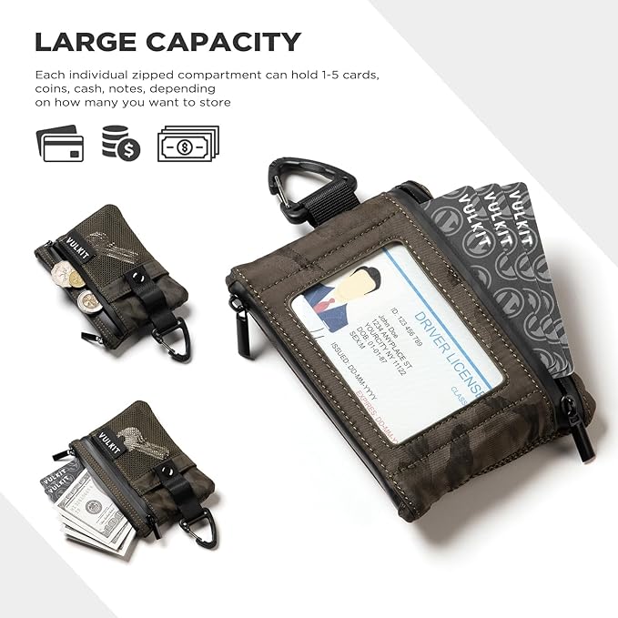 VULKIT Small RFID Wallet for Women & Men – Minimalist Zipper Wallet with ID Window, Keychain & Carabiner, Holds 15 Cards, Water Resistant Travel Lanyard Wallet Camouflage