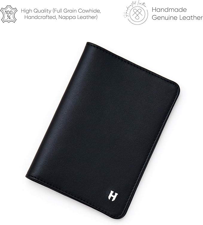 Passport Holder for Travel, Men & Women, RFID Handcrafted Nappa Leather Passport Cover & Case, Gift Box & Pouch for Birthday & Christmas, Black