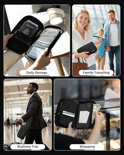 pack all Travel Passport Holder with RFID Blocker, Water-Resistant Passport Wallet with Wrist Strap, Multiple Family Airplane Document Organizer for Cards, Boarding Pass, ID, Cash, Tickets
