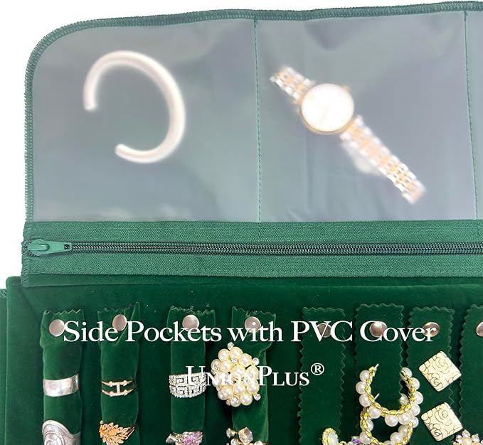 UnionPlus Velvet Travel Jewelry Case Roll Bag Organizer for Necklace Bracelet Earrings Ring, 6 PVC Pockets, Blackish Green Upgrade Version