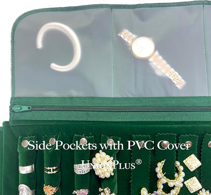 UnionPlus Velvet Travel Jewelry Case Roll Bag Organizer for Necklace Bracelet Earrings Ring, 6 PVC Pockets, Blackish Green Upgrade Version
