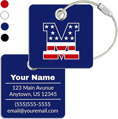 USA Initial Luggage Tag | 6 Pack | Personalized Luggage Tags for Suitcases | Choose Monogram Letter | Custom Fonts & Colors | Choose Tag Color
