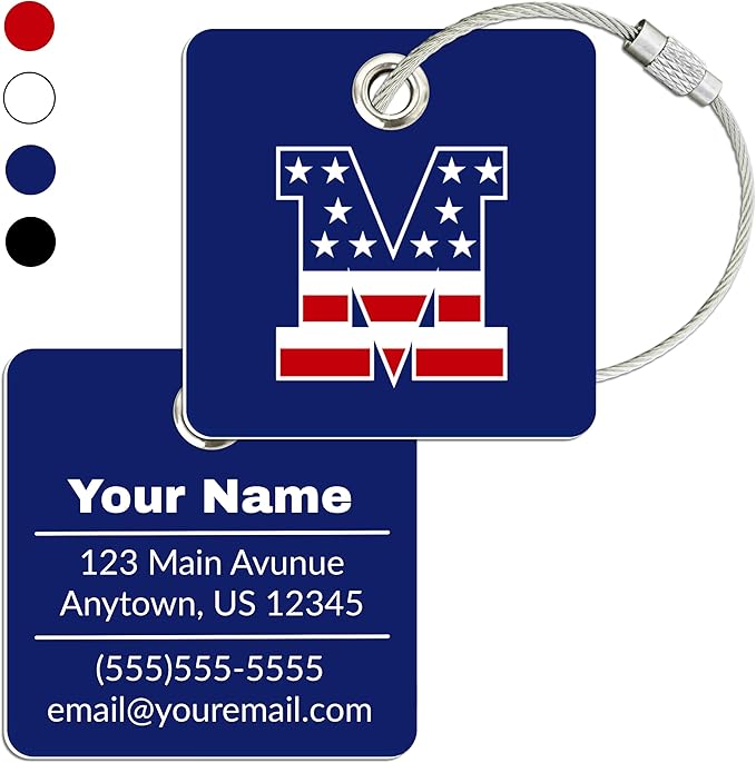 USA Initial Luggage Tag | 4 Pack | Personalized Luggage Tags for Suitcases | Choose Monogram Letter | Custom Fonts & Colors | Choose Tag Color