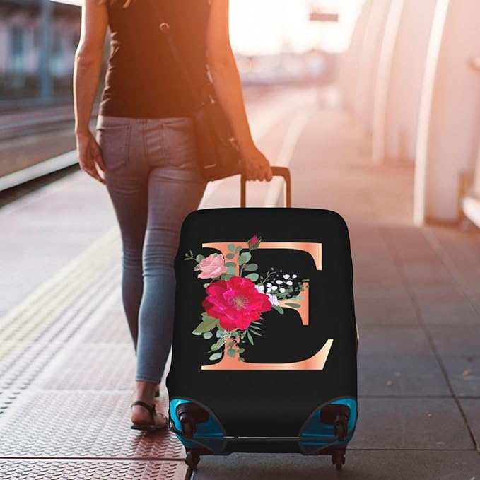 Floral Letter E Travel Luggage Cover Spandex Suitcase Protector Elastic Washable Stretch,Size M(Fit 22-24inch Suitcase)