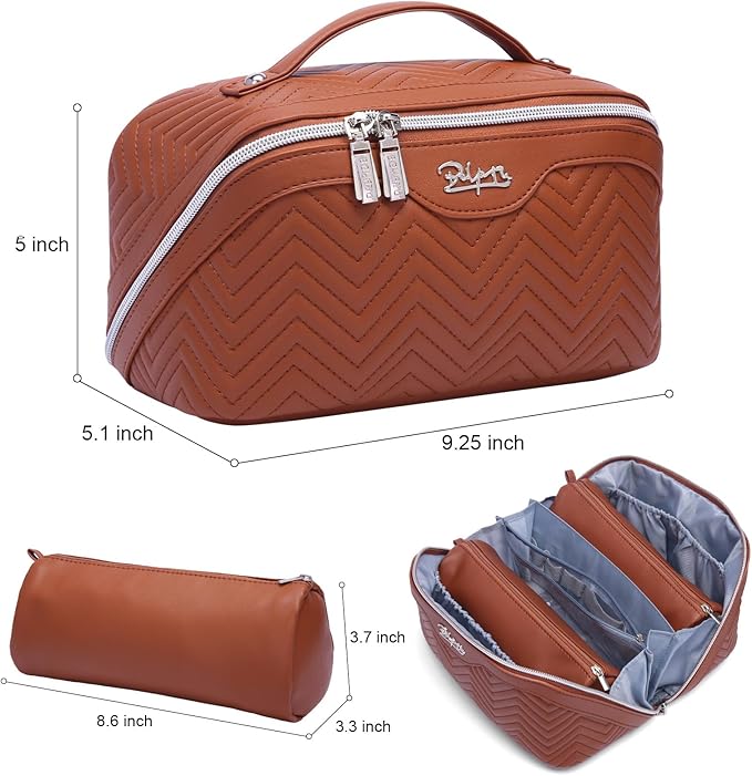 BOYATU Travel Makeup Bags Cosmetic Organizer Bag: Quilted Make up Bag Set of 3 - PU Leather Toiletry Bags for Women - Portable Makeup Organizer with Compartments & Handle & Divider(14 Brown)