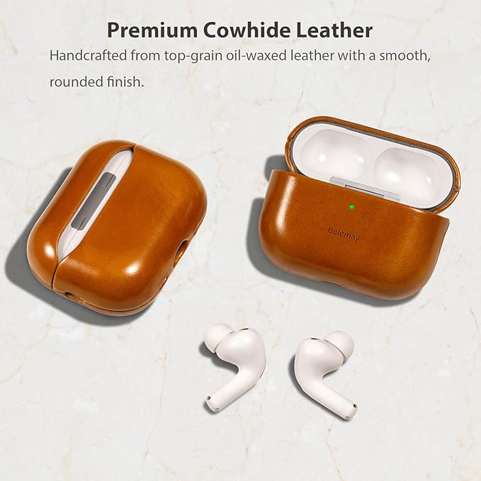 Belemay Handcrafted Oil-Waxed Leather Case for AirPods Pro 3rd Gen (2025), Genuine Cowhide, Smooth Glossy Lively Two-Tone Patina, Compatible with MagSafe, Compatible with Airpods Pro 3, Amber Brown