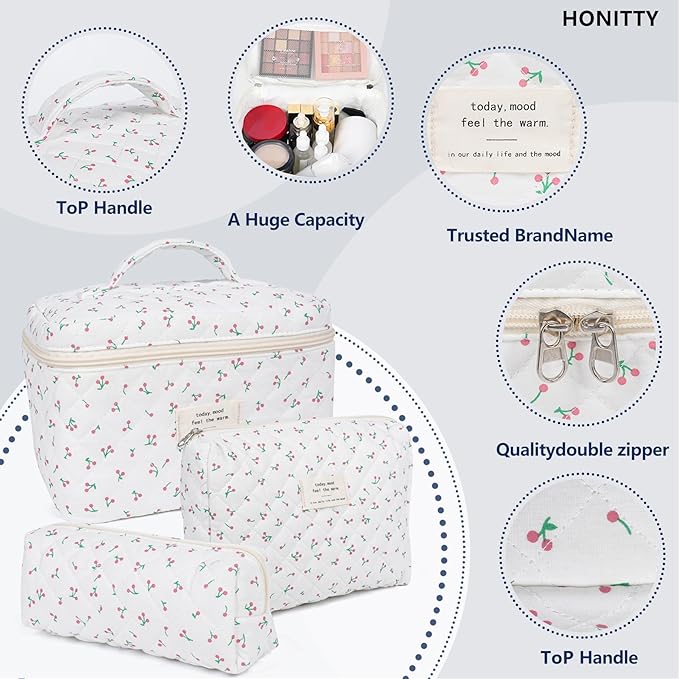 Makeup Bag,Quilted Cosmetic Bag,Large Floral Make Up Bag for Women,Cotton Makeup Bag Set,Flower Travel Toiletry Bag