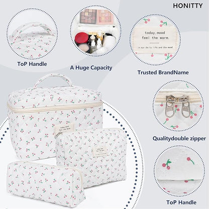 Makeup Bag,Quilted Cosmetic Bag,Large Floral Make Up Bag for Women,Cotton Makeup Bag Set,Flower Travel Toiletry Bag