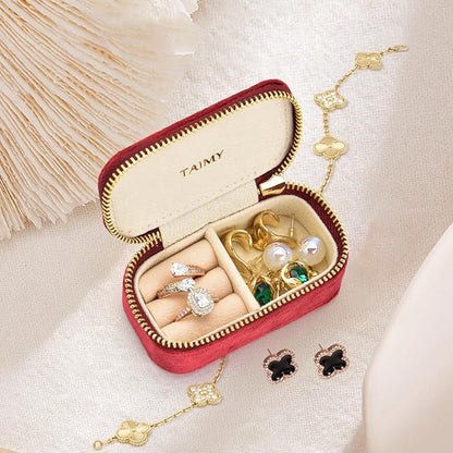 TAIMY Small Travel Jewelry Case, Mini Tiny Plush Velvet Jewelry Box for Women and Girls, Pocket Size Jewelry holder organizer for Rings Earrings and Small Items(Burgundy)