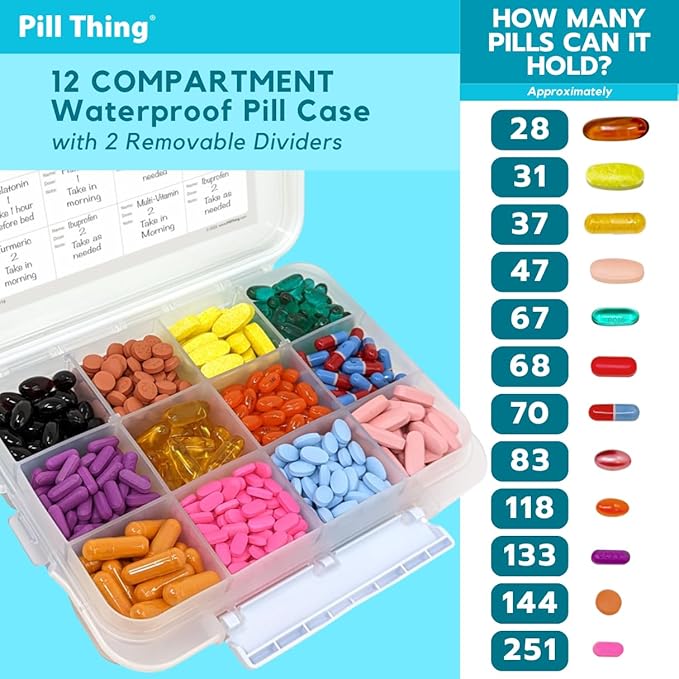 2-Pack Large Pill Organizer – Black + Clear | 12-Compartment Weekly Pill Box Case with Removable Dividers, Waterproof, Travel-Friendly (Combo Pack - 1 Black & 1 Clear)