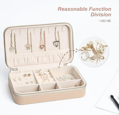 Leather Jewelry Box Women's Travel Jewelry Organizer with Zippered Design Tangle-Free Storage for Necklaces, Earrings, and Bracelets, Luxury Gift Box Apricot