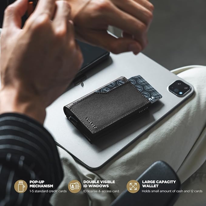 VULKIT Card Holder Wallet with Double ID Windows RFID Blocking Pop Up Wallet Minimalist Design for 12 Cards