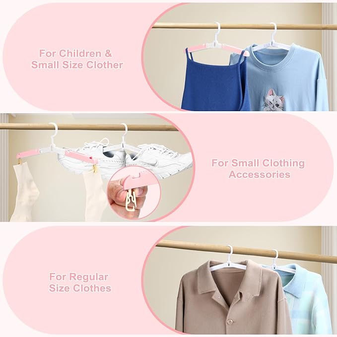 6 Pack Foldable Travel Hangers with Clips & Adjustable Clothesline, Portable Collapsible Hangers with Storage Bag for Suitcase, Hotel, RV, Cruise Essentials Set (Pink)