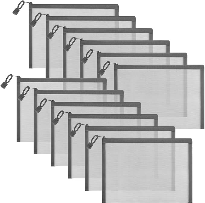 12 Pieces Zipper Nylon Mesh Pouch, Mesh Cosmetic Bags Makeup Bags Pencil Case, Multipurpose Travel Bags for Cosmetic School Office Supplies and Travel Accessories (Grey, A5) (WB06)