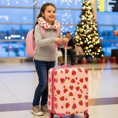 Sanwuta 4 Pcs Kids Luggage Set Backpack Travel Rolling Suitcase U-shape Pillow Christmas Children Gift for Girls Boys(17 Inch,Strawberry Style,Light Pink)