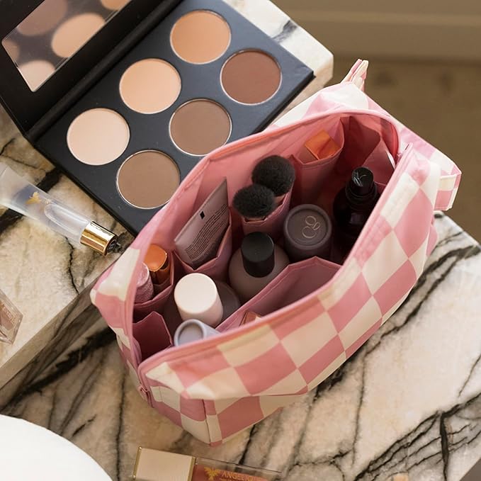 Tiny Twinkle Waterproof Travel Toiletry & Makeup Bag Organizer | Large Capacity Cosmetic Case with Compartments & Handle, A Thoughtful Travel Companion for Women（Pink Checkers