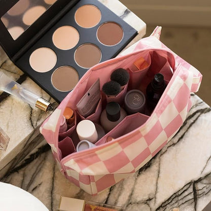 Tiny Twinkle Waterproof Travel Toiletry & Makeup Bag Organizer | Large Capacity Cosmetic Case with Compartments & Handle, A Thoughtful Travel Companion for Women（Pink Checkers