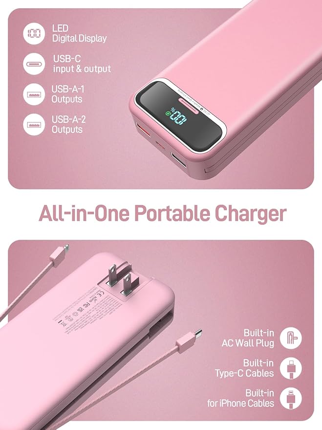 Portable Charger Power Bank with Built in Cables and AC Wall Plug,PD20W&SCP22.5W USB-C Super Fast Charging,20000mAh Travel Phone Charging,LED Display Battery Pack Compatible All iPhone Samsung etc
