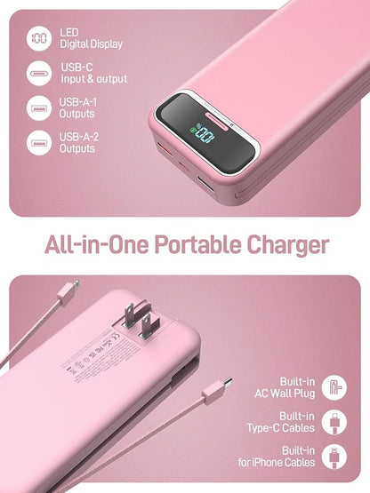 Portable Charger Power Bank with Built in Cables and AC Wall Plug,PD20W&SCP22.5W USB-C Super Fast Charging,20000mAh Travel Phone Charging,LED Display Battery Pack Compatible All iPhone Samsung etc
