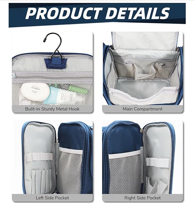 Buruis Large Toiletry Bag for Women and Men, Hanging Travel Bag for Makeup, Cosmetics, Shaving, Toiletries, Water-Resistant Dopp Kit for Gym, Camping, or Daily Use, Blue