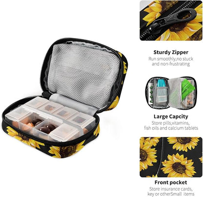 Black Sunflower Travel Pill Organizer Weekly Small (Cute) Pill Box 7 Day Pill Case Vitamin Holder Pill Bottle Organizer