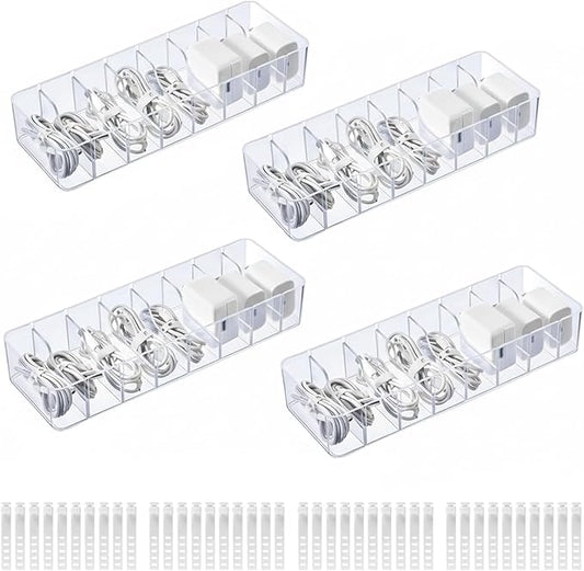 ZILAMGOO 4 Pack Plastic Cord Organizer Box with 40 Wire Ties, Electronics Accessories Storage Case, Clear Cell Phone Cord Storage Organizer with 8 Compartments for Home Office Desk Organizers