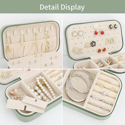 DesignSter Travel Jewelry Box, PU Leather Portable Jewelry Case, Small Jewelry Boxes for Gifts, Travel Jewelry Organizer for Women Rings Earrings Necklaces Bracelets (Avocado Green)