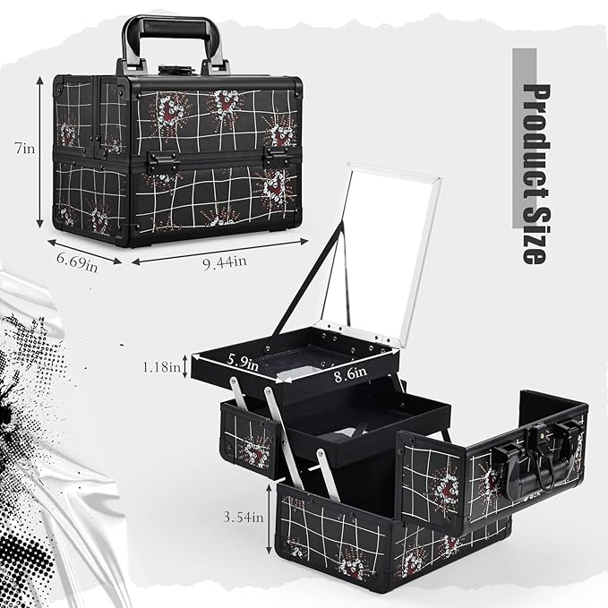 Joligrace Makeup Train Case Portable Makeup Case Organizer 2 Trays Cosmetic Box Storage with Mirror Lockable with Key for Cosmetics Nail Tech Traveling Makeup Travel Box Punk Love Hearts