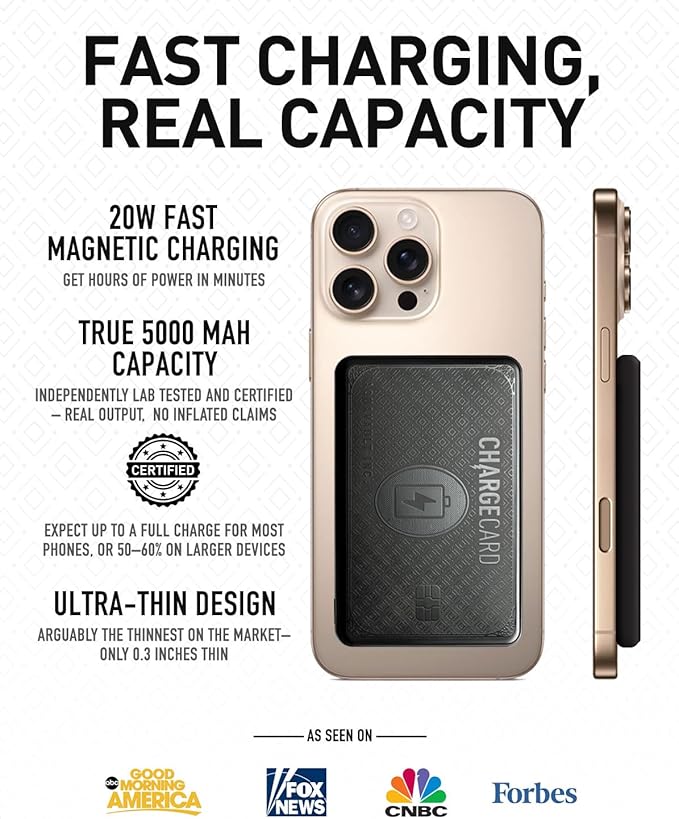 AquaVault Chargecard Magsafe Portable Charger 5000mAh 20W Fast Charge - Magnetic Power Bank, Ultra-Slim Battery Pack Compatible with iPhone 12-17 Series (Matte Black)