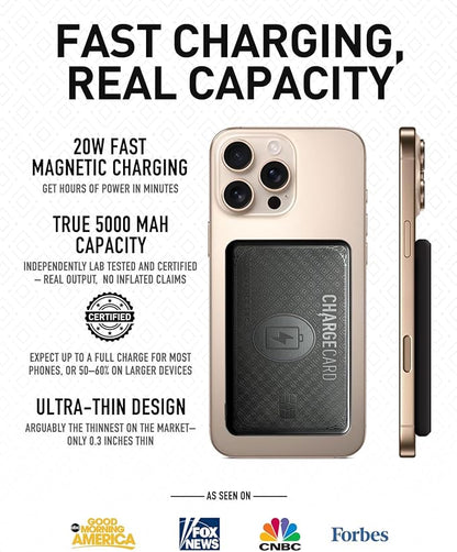 AquaVault Chargecard Magsafe Portable Charger 5000mAh 20W Fast Charge - Magnetic Power Bank, Ultra-Slim Battery Pack Compatible with iPhone 12-17 Series (Matte Black)