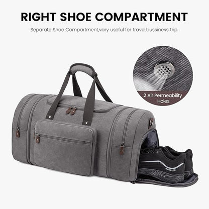 Sucipi Canvas Travel Duffel Bag for Men, Weekend Overnight Bag with Shoe Compartment and Toiletry Bag, Carry-On for Airplanes, Graphite Grey