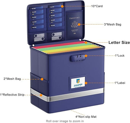 Fireproof File Box with Lock, Document Box Storage Organizer, Suitable for Hanging File Folders in Letter Size, Collapsible File Box, Reflective Strip for Fast Find (12.2"*6"*10.2, Blue)