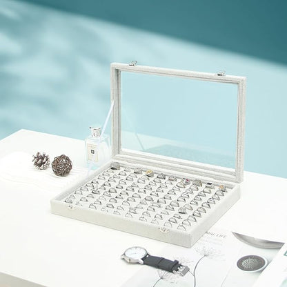 Coward Ring Organizer Jewelry Tray Box, Grey Beige Velvet 100 Slots Ring Display Tray Case with Transparent Glass Lid for Home Use or Store Selling Show