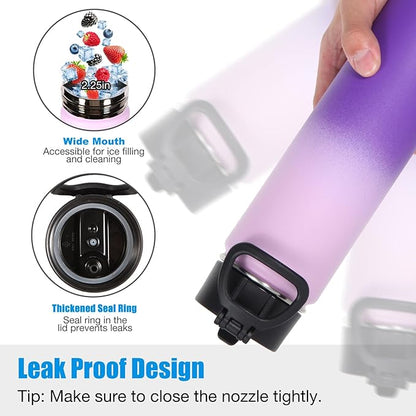 Volhoply 24oz Insulated Water Bottle With Straw Bulk 3 Pack,Metal Wide Mouth Water Bottles With Handle Keep Cold,Reusable Double Wall Cups,Powder Coated Sport Bottle For Holder(Purple,3 Count)