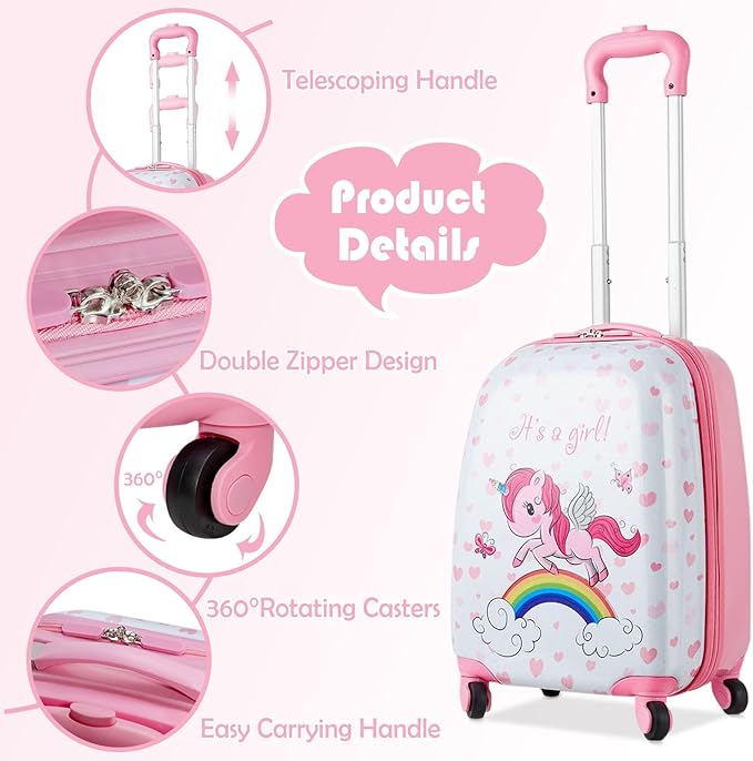 KOTEK Kids Carry On Luggage Set, 16" Hardside Rolling Suitcase with Spinner Wheels, Travel Rolling Luggage for Boys Girls (Colorful Horse)
