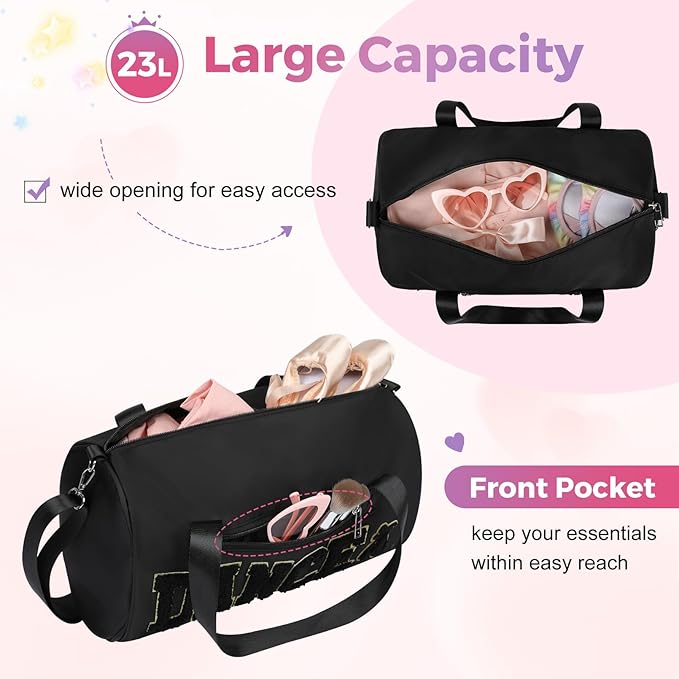 Dance Bag for Girls, KUIRAN 23L Waterproof Travel Duffel Bag with Colorful Chenille Letter, Lightweight Small Gym Sport Ballet Weekender Bag with Large Main Compartment - Black/Gold