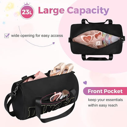 Dance Bag for Girls, KUIRAN 23L Waterproof Travel Duffel Bag with Colorful Chenille Letter, Lightweight Small Gym Sport Ballet Weekender Bag with Large Main Compartment - Black/Gold