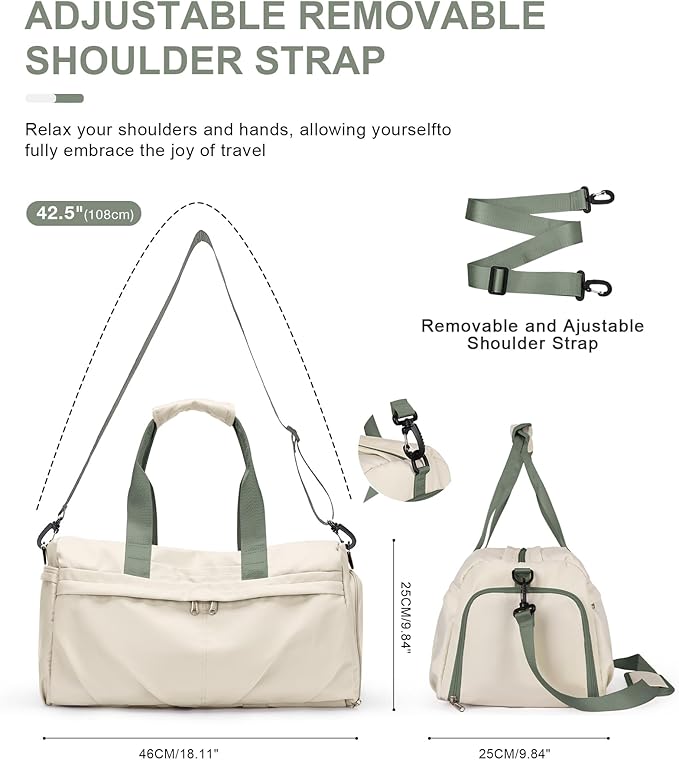 Gym Bag for Women Men with Shoe Compartment, Sport Duffel Bag, Waterproof Travel Weekender Overnight Carry on Bag for Yoga with Trolley Sleeve, Beige Green