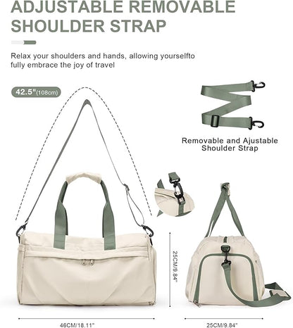 Gym Bag for Women Men with Shoe Compartment, Sport Duffel Bag, Waterproof Travel Weekender Overnight Carry on Bag for Yoga with Trolley Sleeve, Beige Green