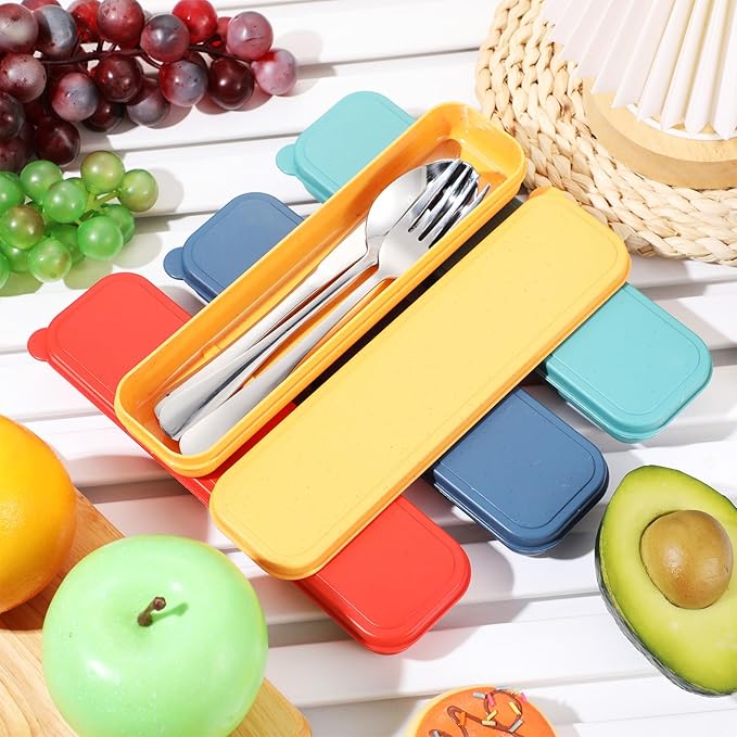 Yinkin 4 Pack Portable Travel Utensils Set with Case Reusable Stainless Steel Silverware Flatware Camping Cutlery Include Fork Spoon Knife for Work School Dishwasher Safe(Mixed Color)