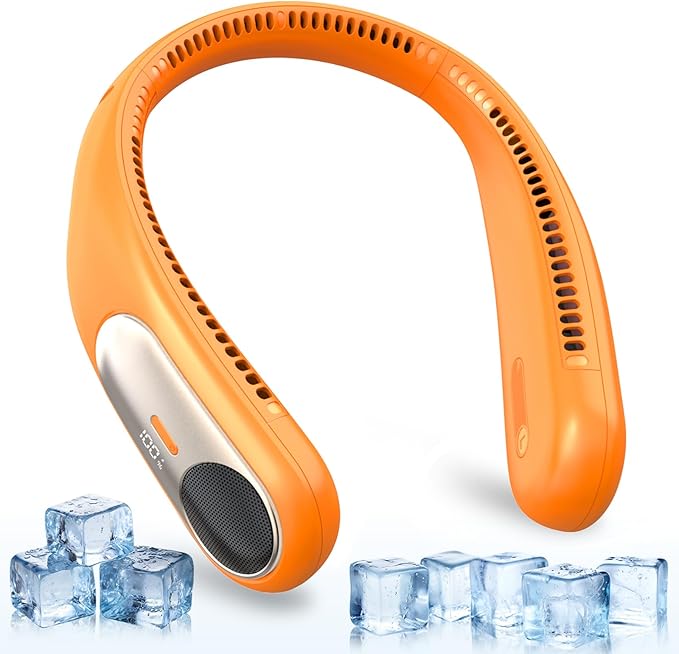 Portable Neck Fan,Personal Wearable Bladeless Fan,LED Display,4-Speeds,6000mAh USB Rechargeable,360° Strong Cooling Wind,Hands Free,Long Lasting,Birthday Gifts for Men Women Dad Mom (Orange)